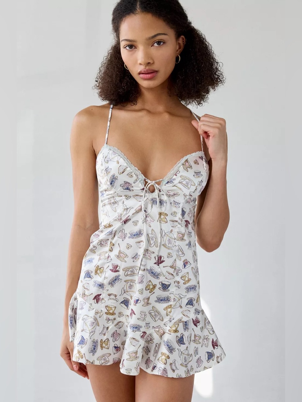 Urban Outfitters | Out From Under Beauty Sleep Lace-Up Tie Satin Slip Coffee Tea